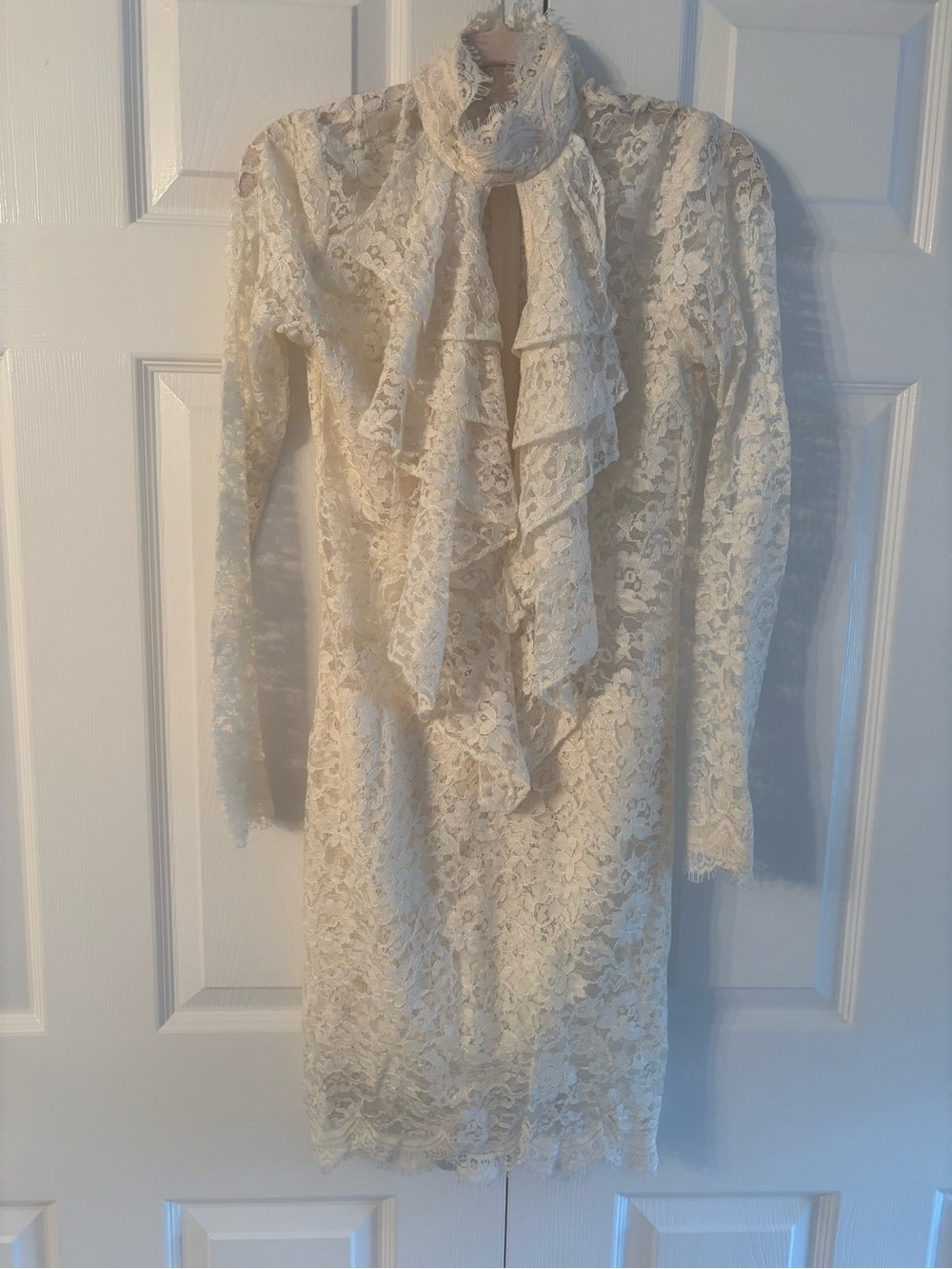 Ivory Lace Ruffle-Front Long Sleeve Dress